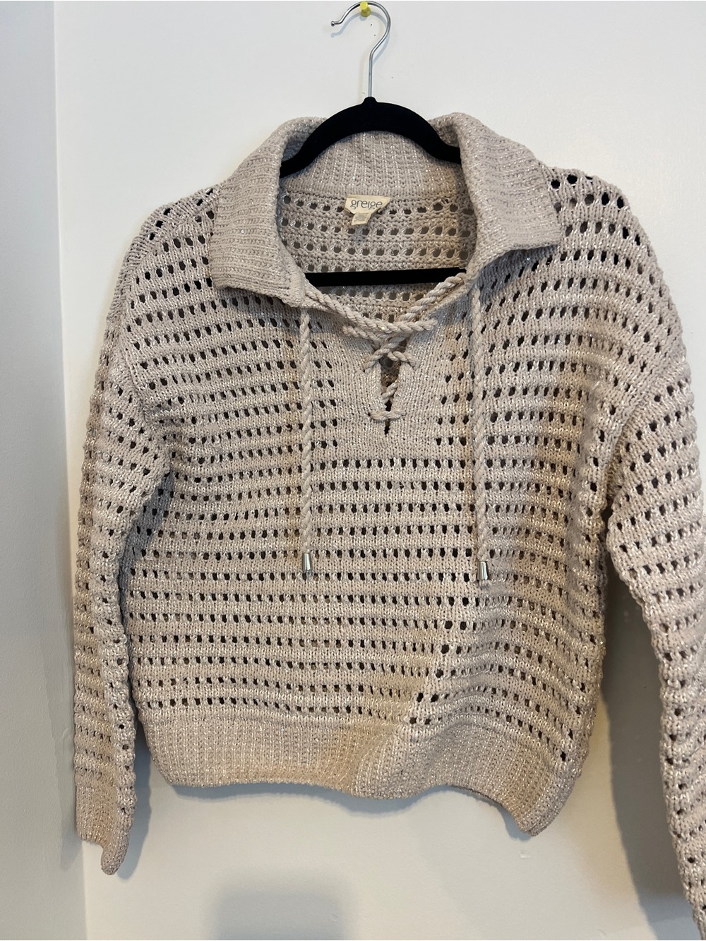 Open-Knit Cream Lace-Up Sweater with small sequins detail